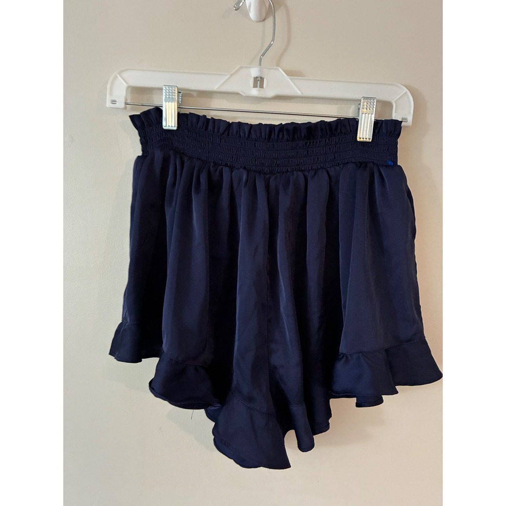 Birdy  Gray Satin Shorts Women XZL Navy Blue Smocked Waist Loungewear Ruffled